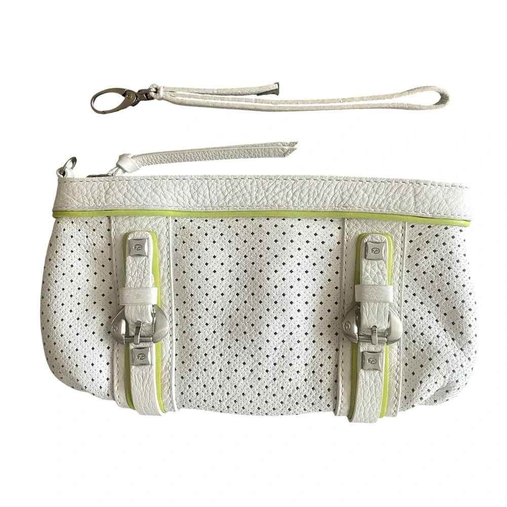 FRANCESCO BIASIA White Calf Leather Lime Green Perforated Clutch Wristlet Women